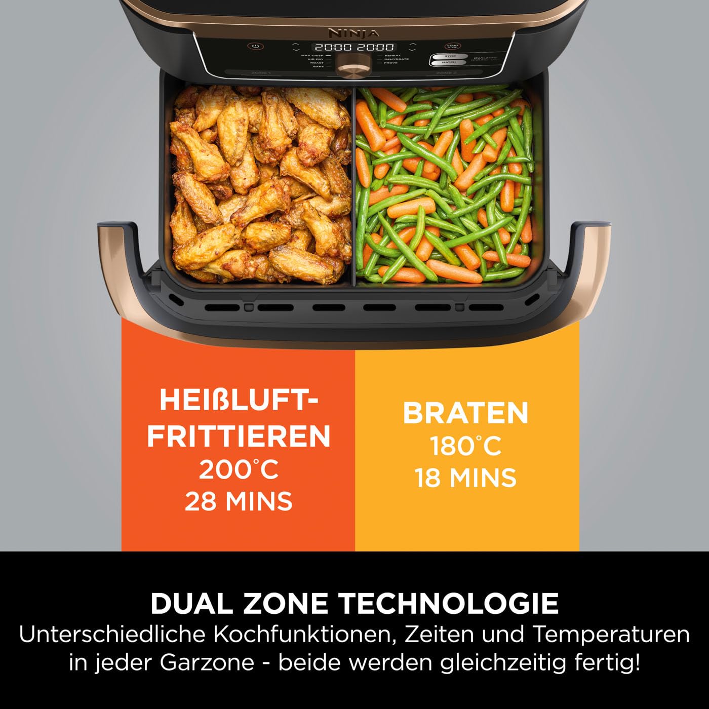 Ninja Foodi FlexDrawer Dual Zone Heißluftfritteuse, 10,4L, 7-in-1, Schwarz/Kupfer