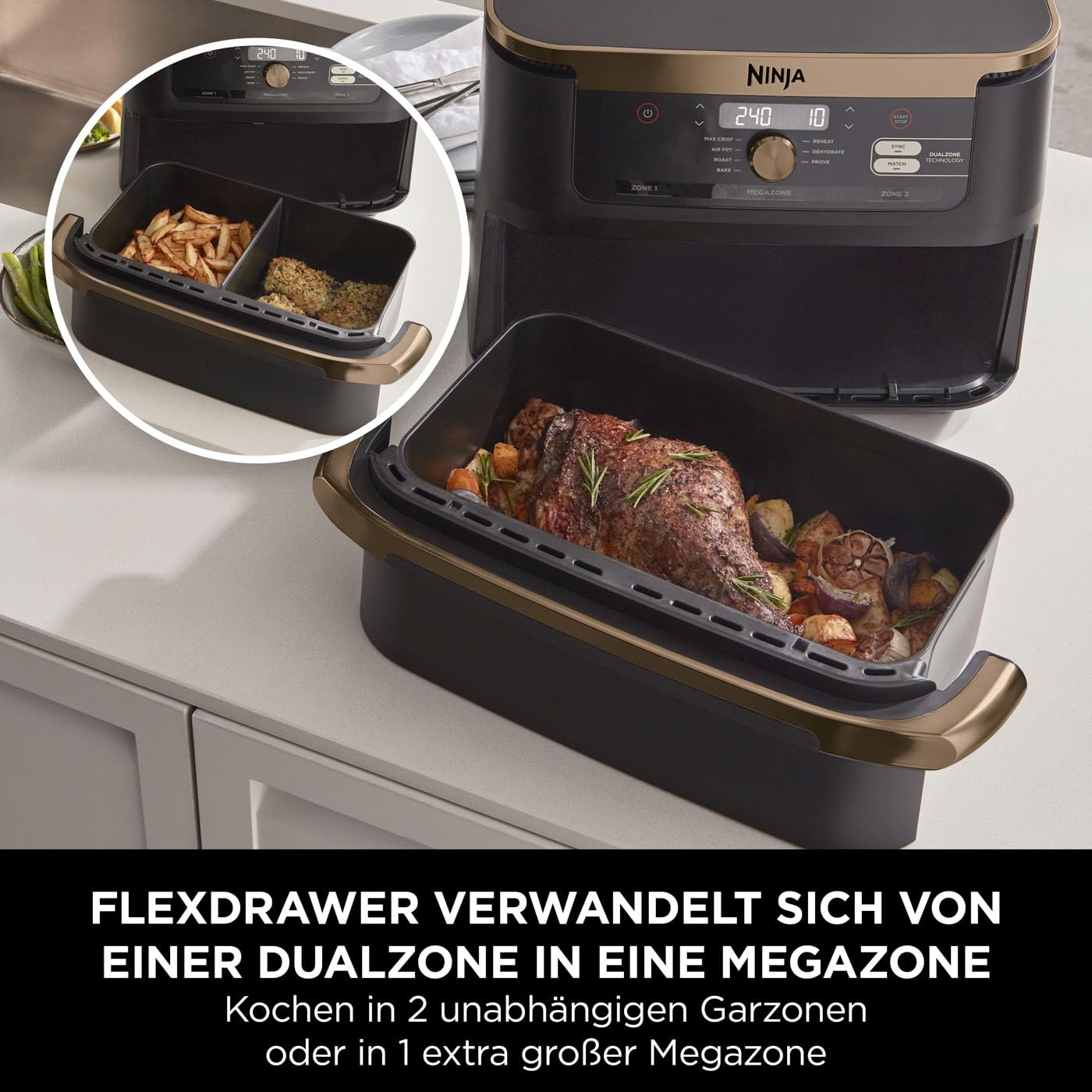 Ninja Foodi FlexDrawer Dual Zone Heißluftfritteuse, 10,4L, 7-in-1, Schwarz/Kupfer